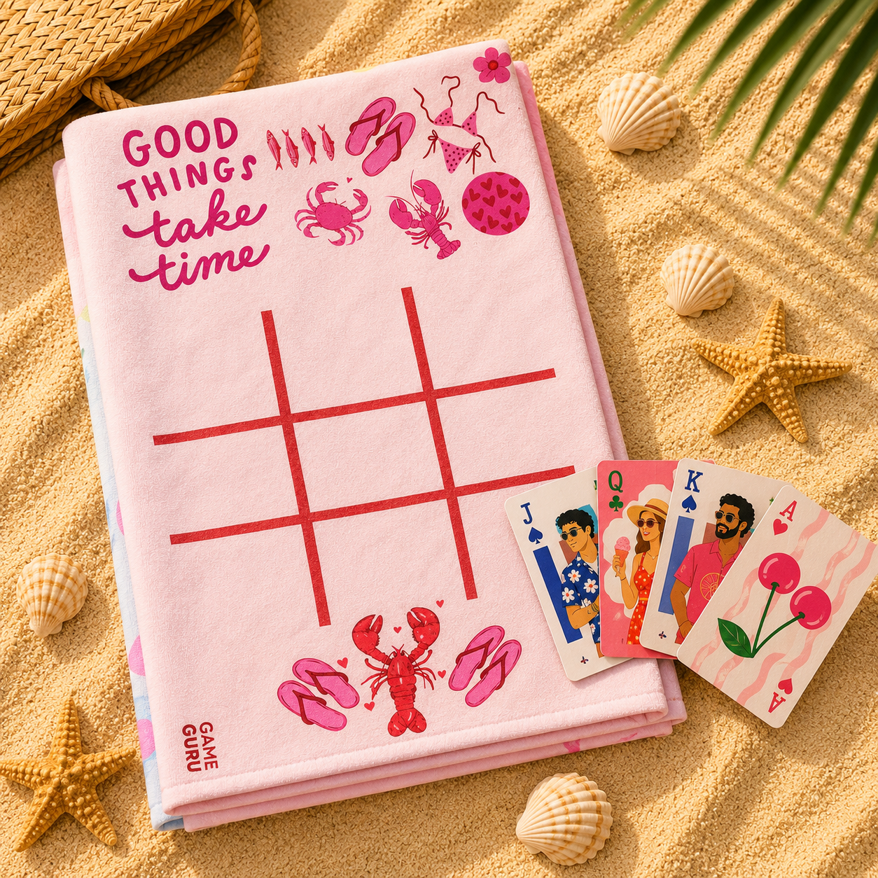 Pink Game Beach Towel + Beach Chill Cards Deck Bundle