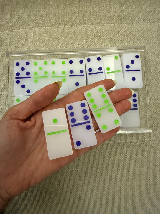 White Acrylic Dominoes with Purple x Lime Green Dots