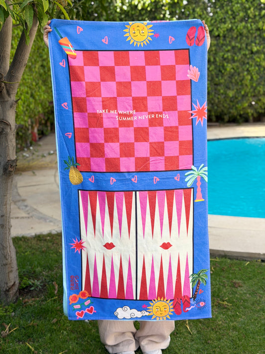 Game Beach Towel - Blue Tawla & Chess